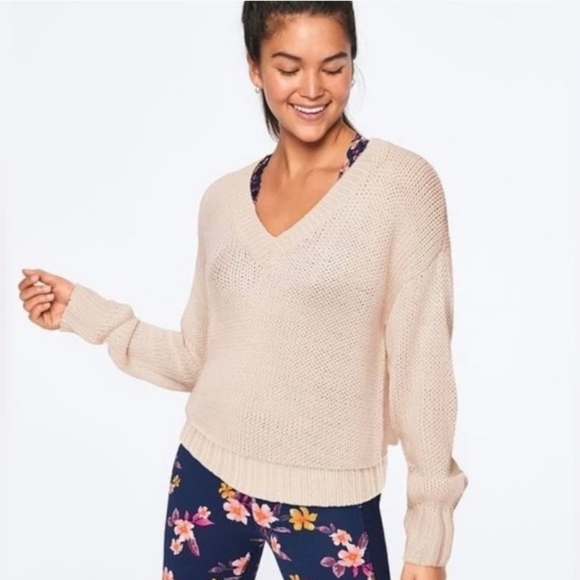 Victorias Secret Pink Heritage V Neck Sweater Cream Oversize Knit Pullov… - Picture 2 of 6